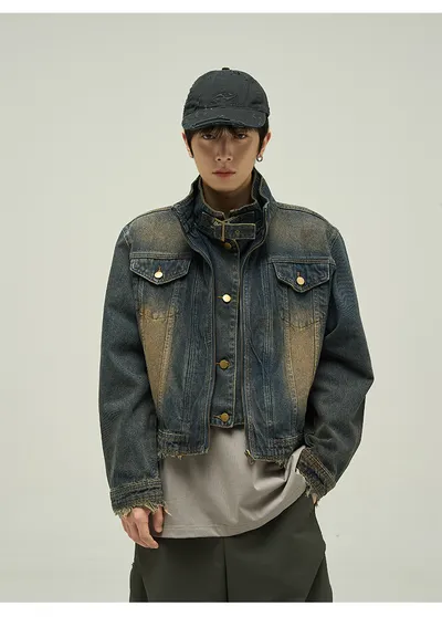 Fake Two-piece Motorcycle Denim Coat Men's Washed Distressed Jacket