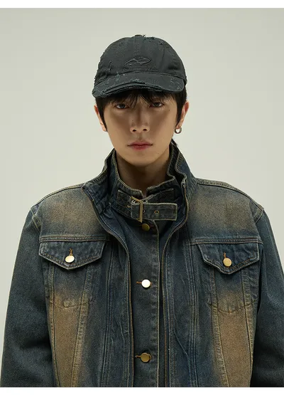 Fake Two-piece Motorcycle Denim Coat Men's Washed Distressed Jacket