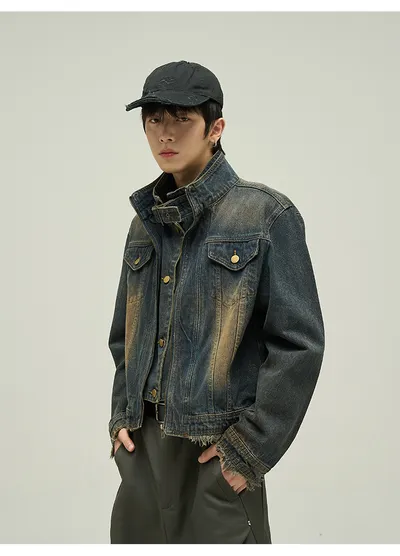 Fake Two-piece Motorcycle Denim Coat Men's Washed Distressed Jacket