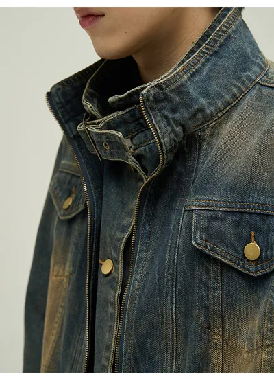 Fake Two-piece Motorcycle Denim Coat Men's Washed Distressed Jacket