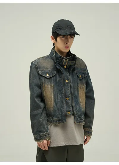 Fake Two-piece Motorcycle Denim Coat Men's Washed Distressed Jacket