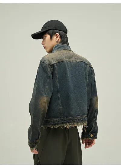 Fake Two-piece Motorcycle Denim Coat Men's Washed Distressed Jacket