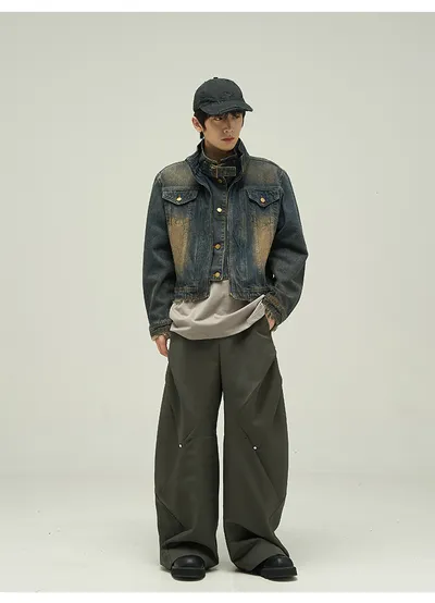 Fake Two-piece Motorcycle Denim Coat Men's Washed Distressed Jacket