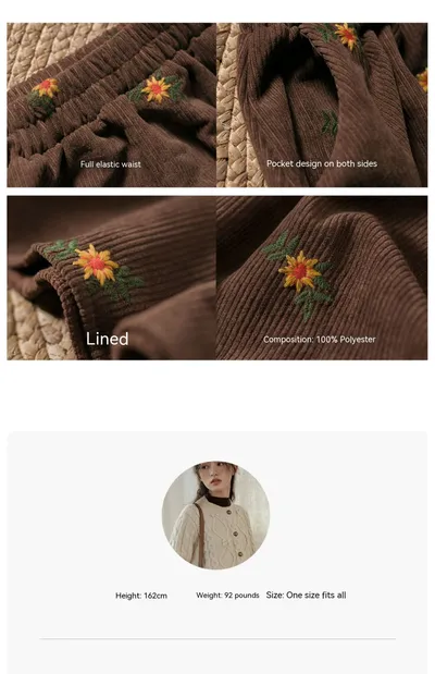 Retro Corduroy Half Skirt Embroidered Women