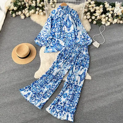 Women's Wide-leg Pleated Trousers Two-piece Set