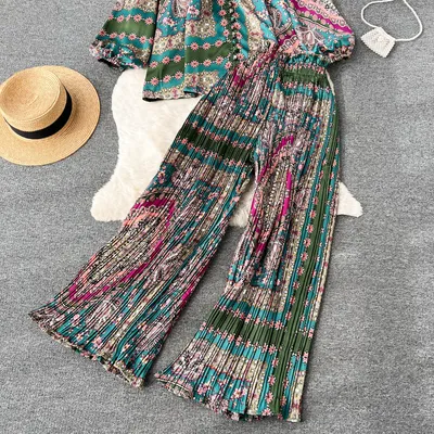 Women's Wide-leg Pleated Trousers Two-piece Set