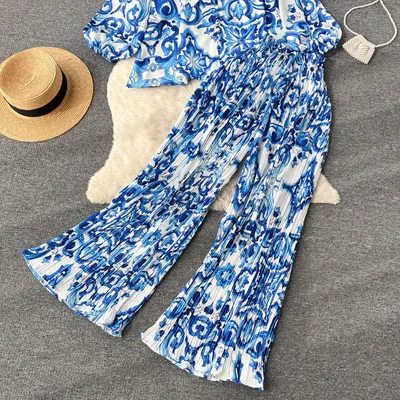 Women's Wide-leg Pleated Trousers Two-piece Set