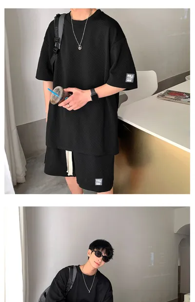 Waffle Short Sleeve Suit Men's Sports Casual Top Pants