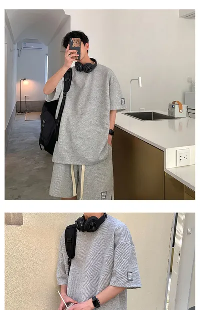 Waffle Short Sleeve Suit Men's Sports Casual Top Pants