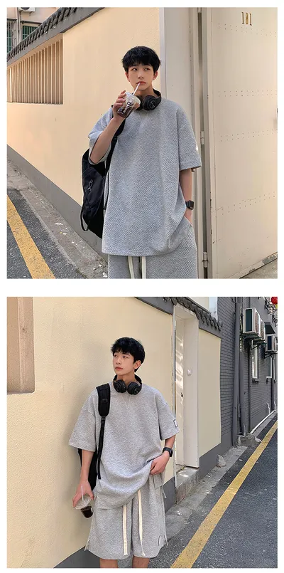 Waffle Short Sleeve Suit Men's Sports Casual Top Pants