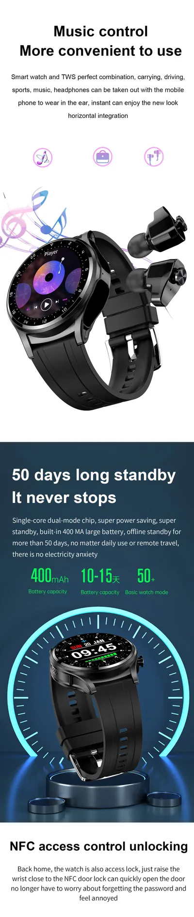 GT66 Smart Watch TWS 2-in-1 Bluetooth HD Voice Call