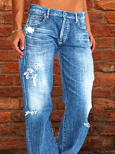 Ripped Jeans Loose Wide Leg Denim Pants Leisure Commuting Trousers Women's Clothing