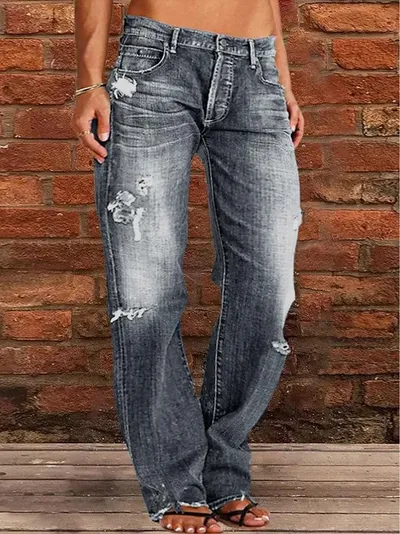 Ripped Jeans Loose Wide Leg Denim Pants Leisure Commuting Trousers Women's Clothing