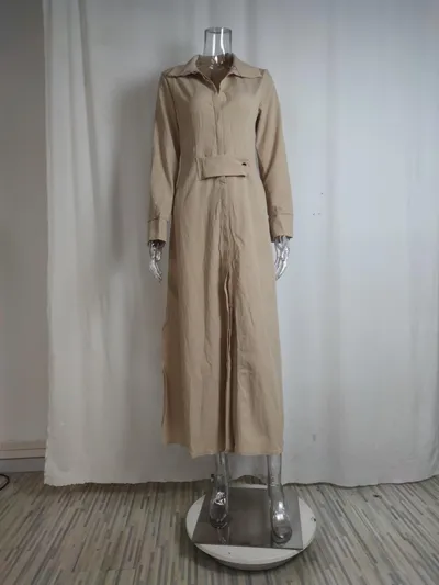 Women's Elegant Tied Solid Color Waisted Long-sleeved Shirt Dress