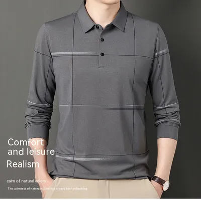 Middle-aged Lapel Long Sleeve Men's Casual And Comfortable Striped