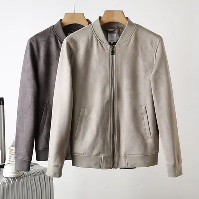 Men's Suede Autumn Solid Color Casual Baseball Collar Jacket Jacket