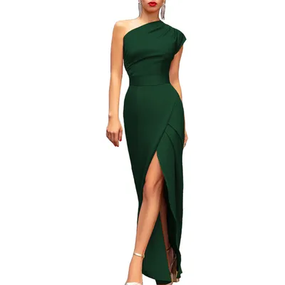 Women's One-shoulder High Waist Front Slit Temperament Dress