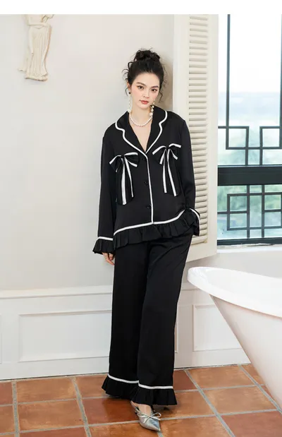 Women's Fashion Graceful Bow Contrast-color Ruffled Home Wear Pajama Pants