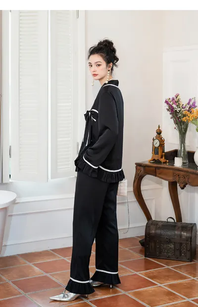 Women's Fashion Graceful Bow Contrast-color Ruffled Home Wear Pajama Pants