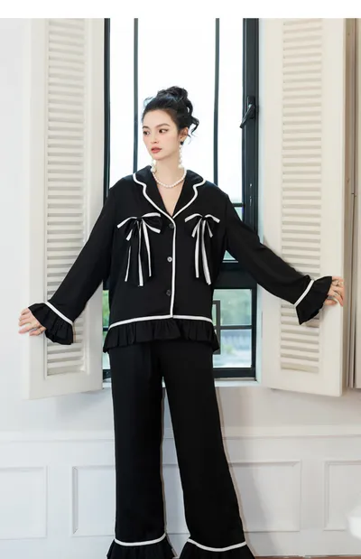 Women's Fashion Graceful Bow Contrast-color Ruffled Home Wear Pajama Pants