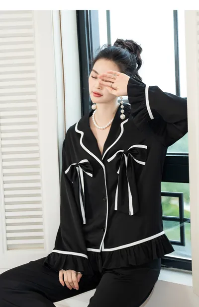Women's Fashion Graceful Bow Contrast-color Ruffled Home Wear Pajama Pants