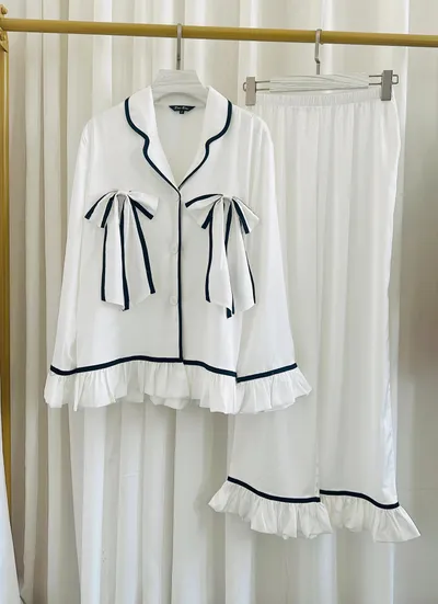 Women's Fashion Graceful Bow Contrast-color Ruffled Home Wear Pajama Pants