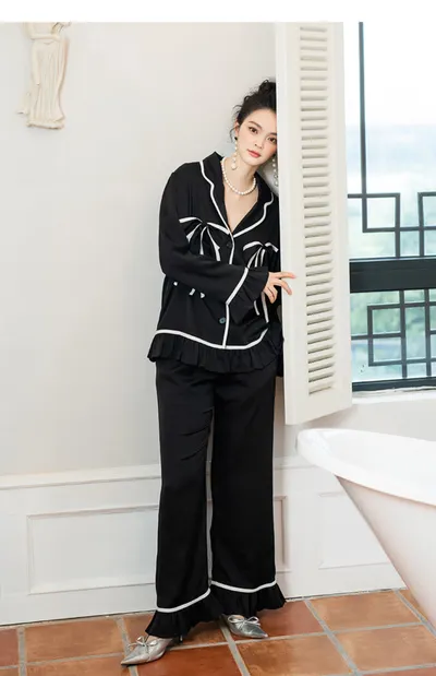 Women's Fashion Graceful Bow Contrast-color Ruffled Home Wear Pajama Pants