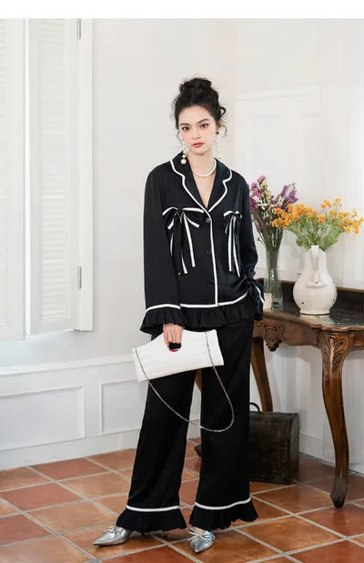 Women's Fashion Graceful Bow Contrast-color Ruffled Home Wear Pajama Pants