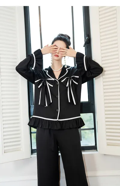 Women's Fashion Graceful Bow Contrast-color Ruffled Home Wear Pajama Pants