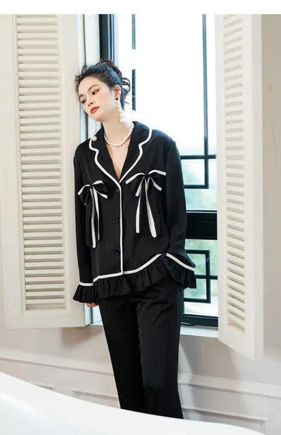 Women's Fashion Graceful Bow Contrast-color Ruffled Home Wear Pajama Pants