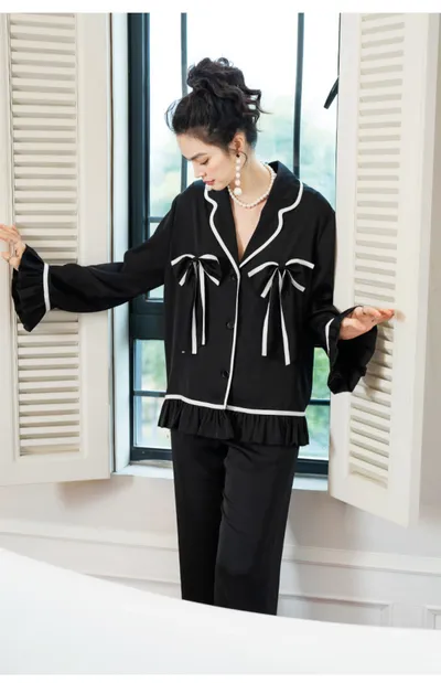 Women's Fashion Graceful Bow Contrast-color Ruffled Home Wear Pajama Pants