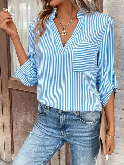 Women's V-neck Pullover Striped Printed Long Sleeves Casual Shirt