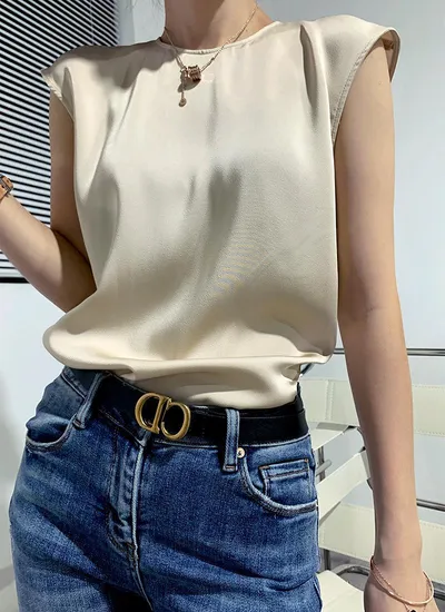 Women's Summer Round Neck Satin Sleeveless Spaghetti-strap Camisole Top
