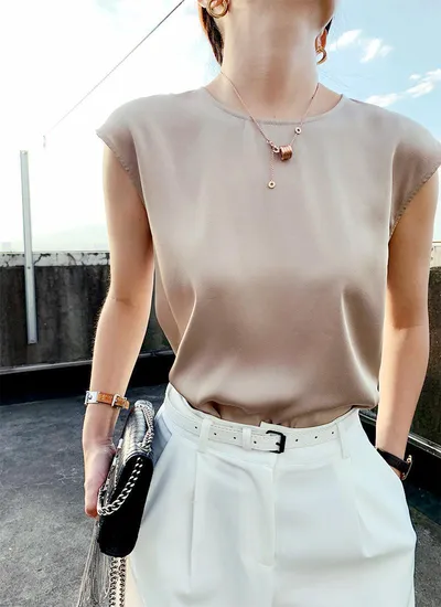 Women's Summer Round Neck Satin Sleeveless Spaghetti-strap Camisole Top