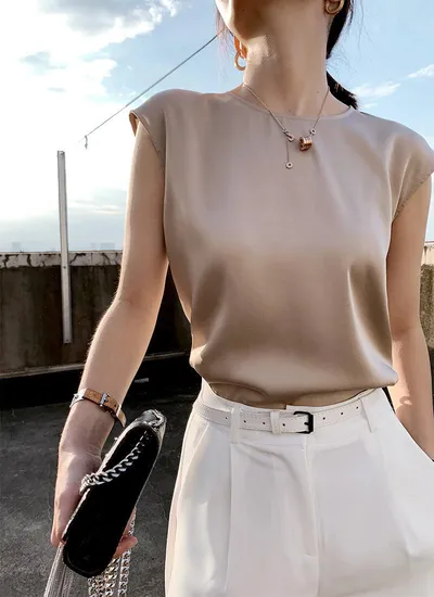 Women's Summer Round Neck Satin Sleeveless Spaghetti-strap Camisole Top