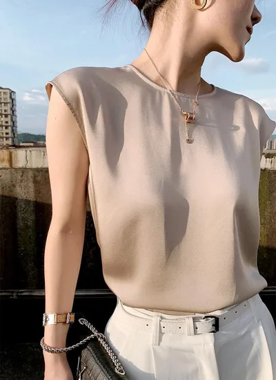 Women's Summer Round Neck Satin Sleeveless Spaghetti-strap Camisole Top