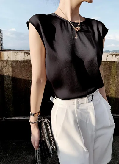 Women's Summer Round Neck Satin Sleeveless Spaghetti-strap Camisole Top