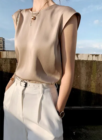 Women's Summer Round Neck Satin Sleeveless Spaghetti-strap Camisole Top