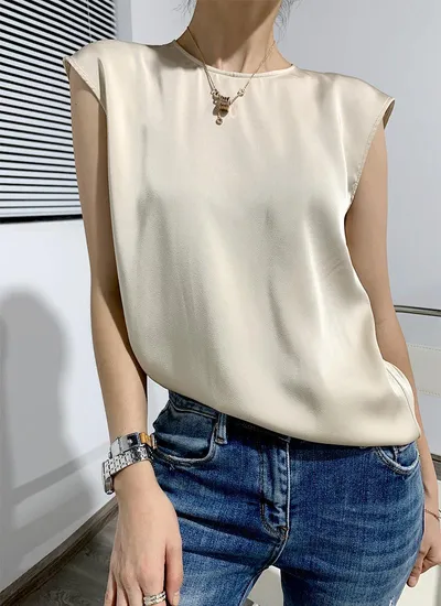 Women's Summer Round Neck Satin Sleeveless Spaghetti-strap Camisole Top