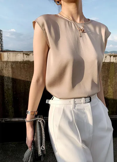 Women's Summer Round Neck Satin Sleeveless Spaghetti-strap Camisole Top
