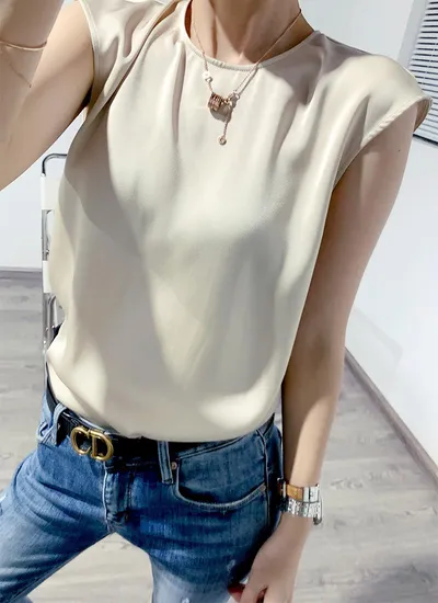 Women's Summer Round Neck Satin Sleeveless Spaghetti-strap Camisole Top