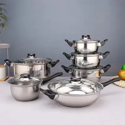 12 Piece Stainless Steel Cookware Saucepan Set Pan Pot Kitchen Cooking Glass Lid