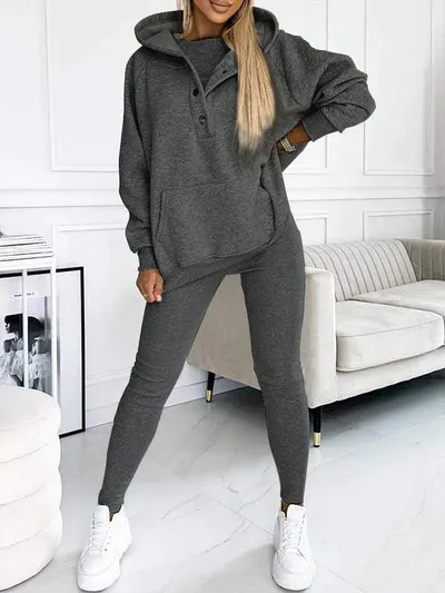 3pcs Women's Sports Suit Loose Hooded Pockets Sweatshirt And Vest And Slim Trousers