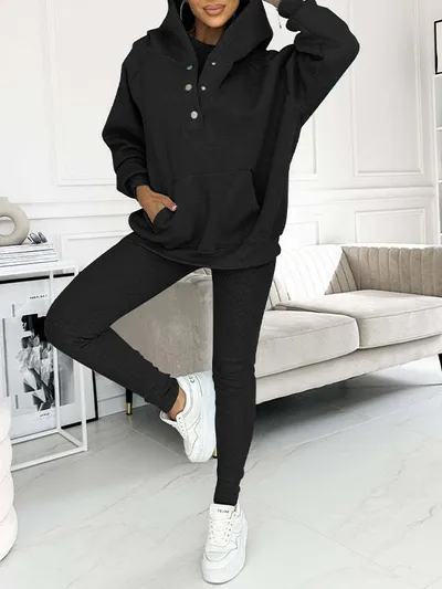 3pcs Women's Sports Suit Loose Hooded Pockets Sweatshirt And Vest And Slim Trousers