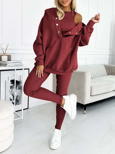 3pcs Women's Sports Suit Loose Hooded Pockets Sweatshirt And Vest And Slim Trousers