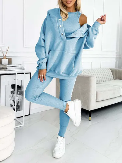 3pcs Women's Sports Suit Loose Hooded Pockets Sweatshirt And Vest And Slim Trousers