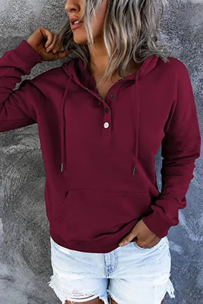Long-sleeved Hooded Sweatshirt With Pockets Fashion Casual Button Drawstring Design Hoodie Top Spring And Autumn Sports Clothing For Women