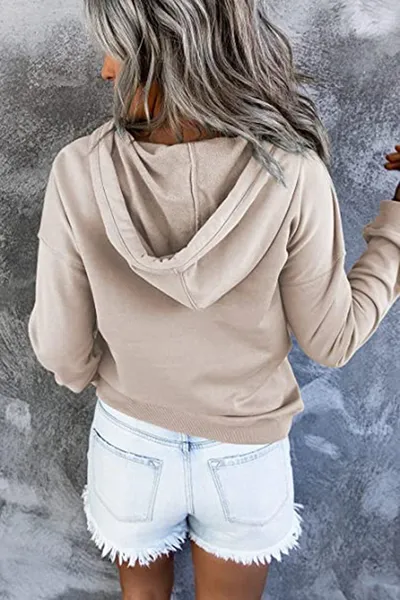 Long-sleeved Hooded Sweatshirt With Pockets Fashion Casual Button Drawstring Design Hoodie Top Spring And Autumn Sports Clothing For Women