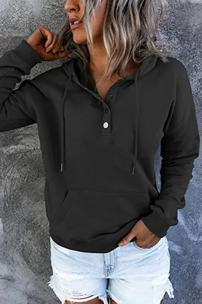 Long-sleeved Hooded Sweatshirt With Pockets Fashion Casual Button Drawstring Design Hoodie Top Spring And Autumn Sports Clothing For Women