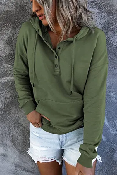 Long-sleeved Hooded Sweatshirt With Pockets Fashion Casual Button Drawstring Design Hoodie Top Spring And Autumn Sports Clothing For Women